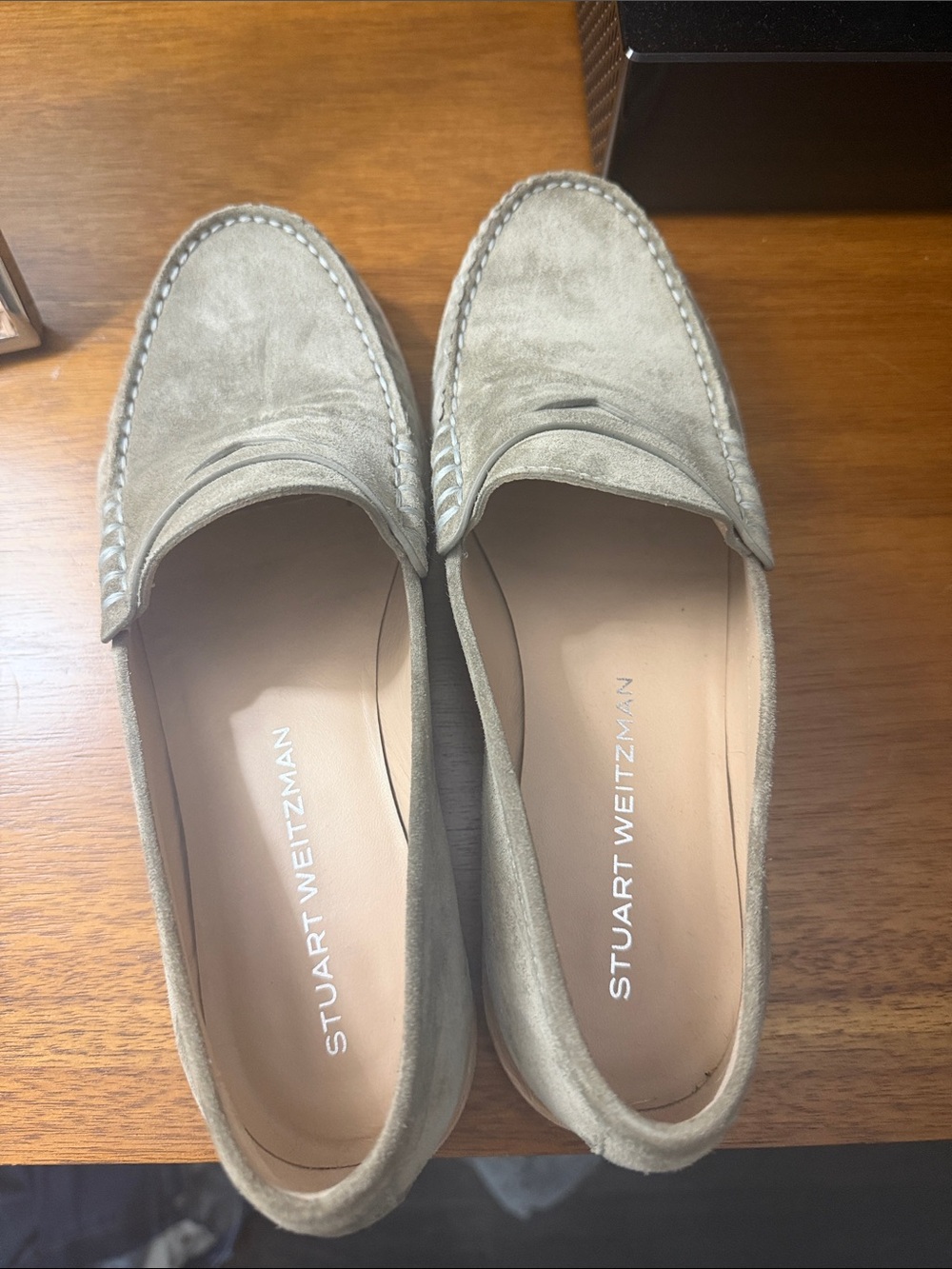 Stuart Weitzman Suede Penny Loafers in Light Taupe